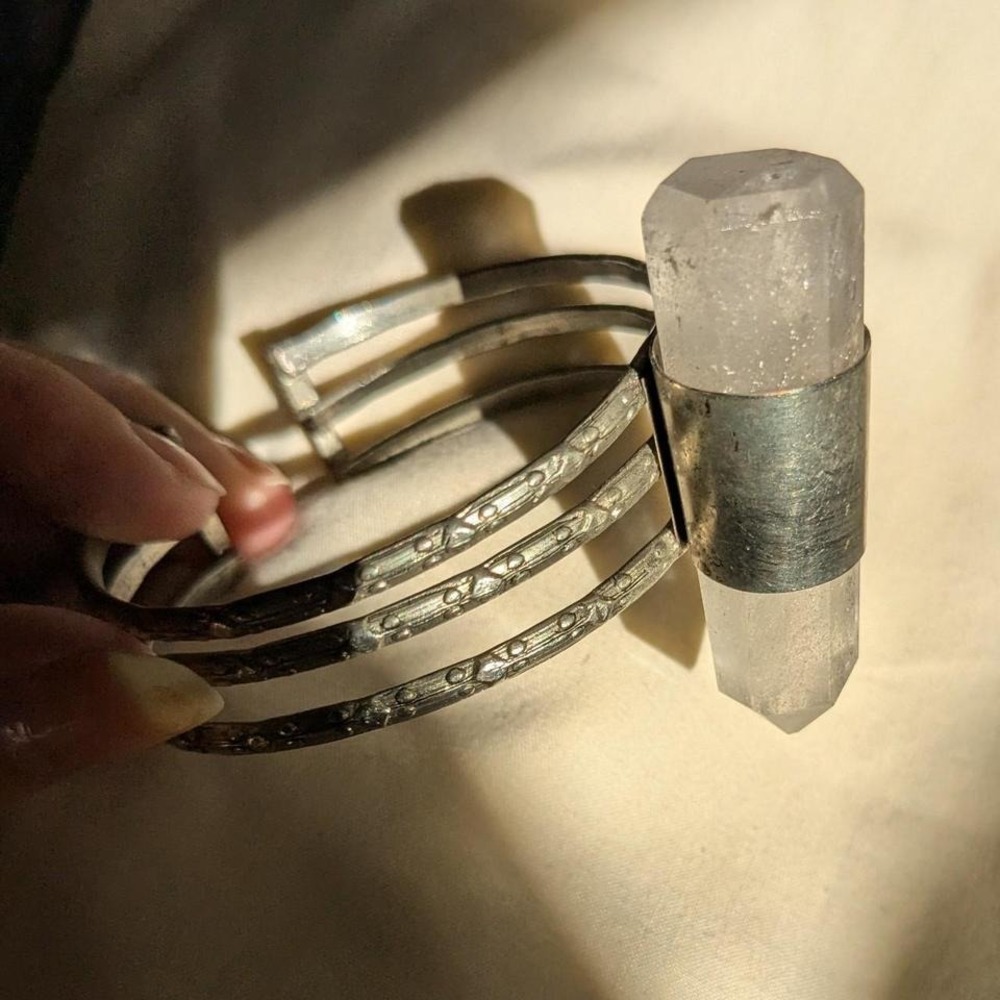 Vintage Oversized Quartz Crystal Adjustable Silver tone Statement Bracelet
